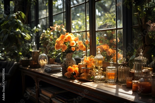 Flowers in a glass jar on the windowsill in the house