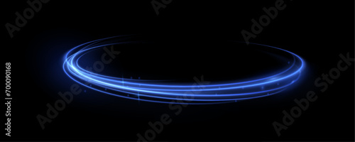 Circle blue light. Abstract neon color glowing lines background. The energy flow tunnel. Luminous spiral round frame. 