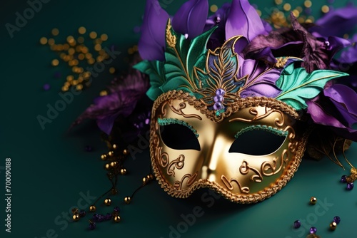 Mardi Gras celebration with masks on colorful background. Party invite or greeting card theme.