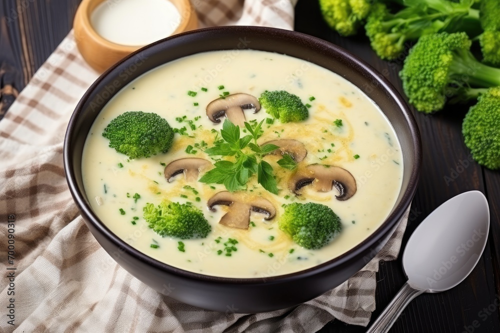 Close-up view of Mushroom Broccoli Cheese Soup in a white bowl with ingredients on a white wooden table, from above. Close-up view of Mushroom Broccoli Cheese Soup in a white bowl with ingredients on a white wooden table, from above.