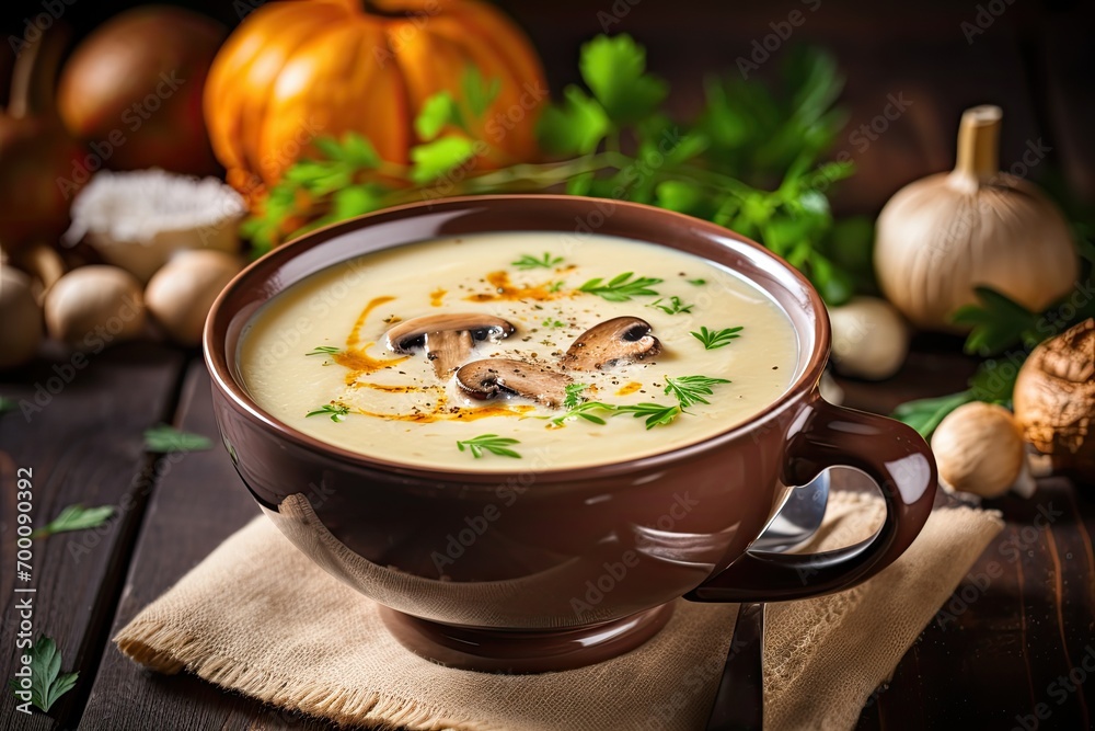 Autumn cream soup with mushrooms, served with vegetables on a wooden background. Autumn cream soup with mushrooms, served with vegetables on a wooden background.