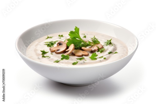 Creamy mushroom soup with champignon and parsley, isolated with clipping path.