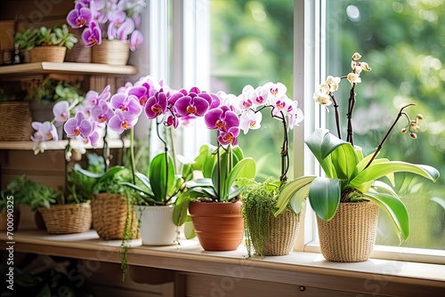 Live potted flowering plants - decorative moth orchids on windowsill.