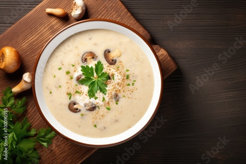 Text space available for your words. Mushroom soup in a bowl, viewed from above.
