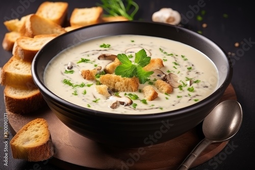 Delicious healthy mushroom soup with creamy dark bread croutons, olive oil.
