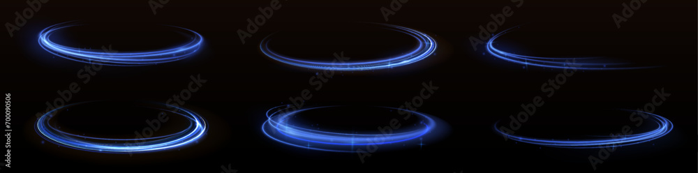 Light line neon swirl effect. Vector glitter light fire flare trace. Bokeh blue light glitter round wave line with sparkling particles. Magic sparkle swirl trail effect on transparent background	