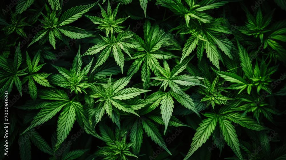Top view of cannabis sativa branches with leaves patchwork. Medical marijuana concept background. Generative AI Top view of cannabis sativa branches with leaves patchwork. Medical marijuana concept background. Generative AI