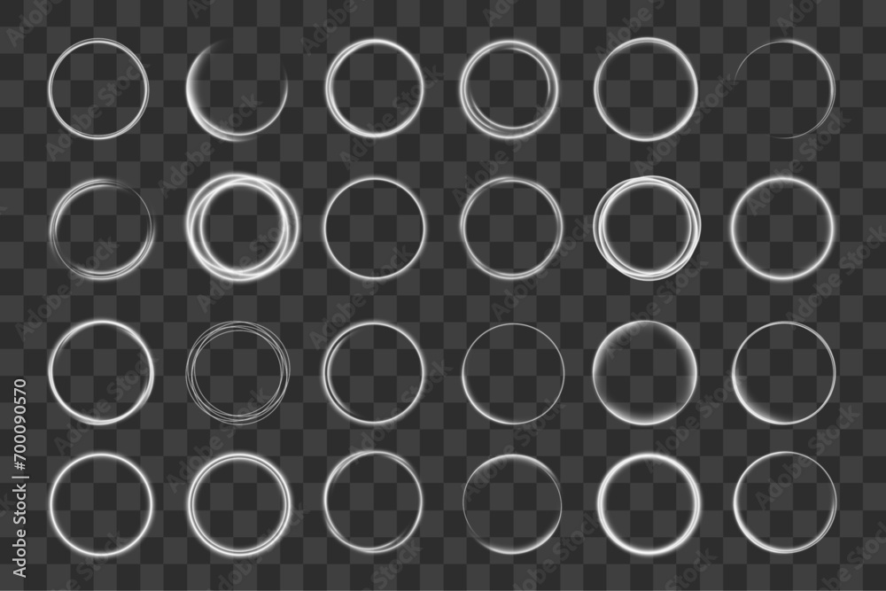 White shiny sparks of spiral wave. Shine round frame with light circles light effect. Semicircular wave, light trail curve swirl, incandescent optical fiber vector. White shiny sparks of spiral wave. Shine round frame with light circles light effect. Semicircular wave, light trail curve swirl, incandescent optical fiber vector.