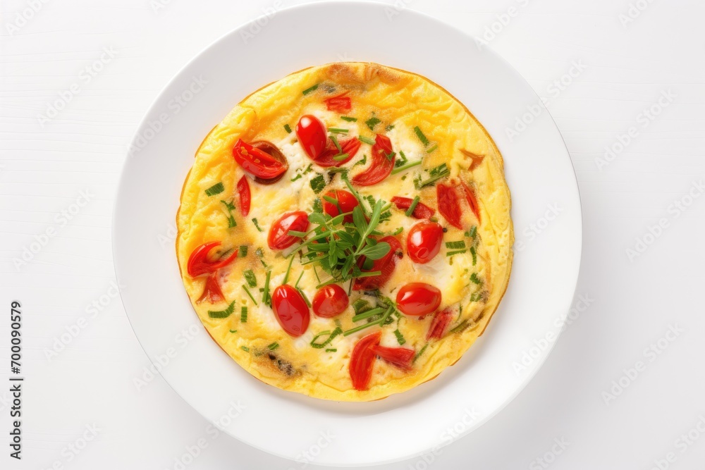 Frittata - Italian omelet with tomatoes, cheese, and red onion on a white plate. Overhead view. Frittata - Italian omelet with tomatoes, cheese, and red onion on a white plate. Overhead view.