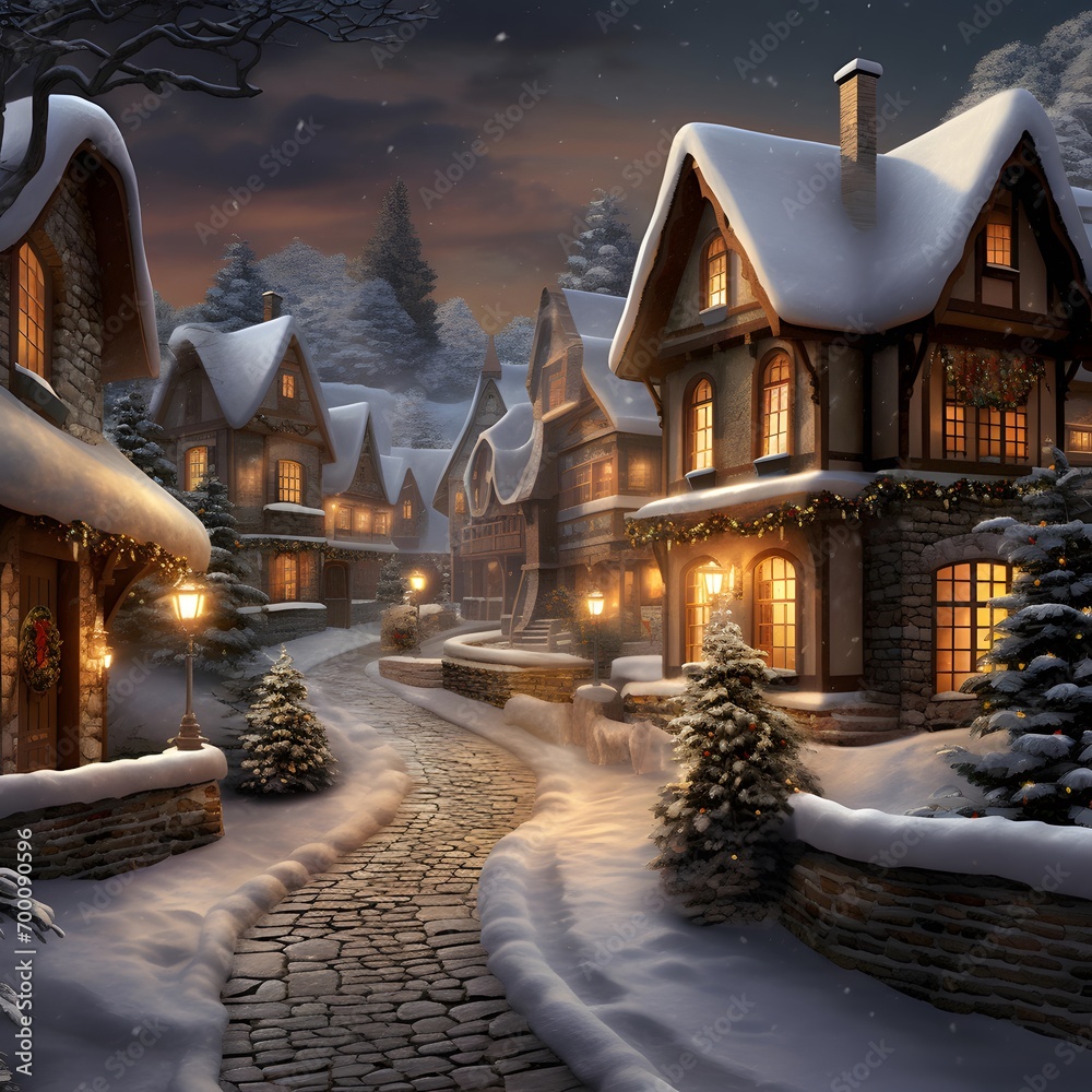 Winter night in the village. Wooden houses in the snow. Christmas background.