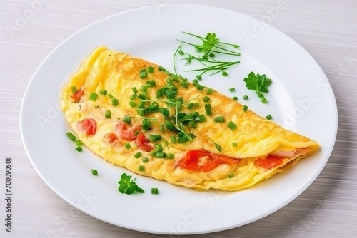 Breakfast omelet on white plate, topped with green onion and tomato, photographed from above on a white wooden background.
