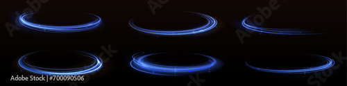 Light line neon swirl effect. Vector glitter light fire flare trace. Bokeh blue light glitter round wave line with sparkling particles. Magic sparkle swirl trail effect on transparent background 