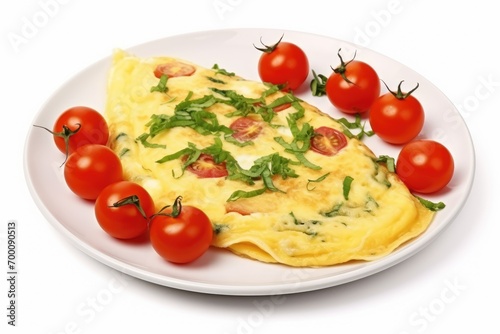 Isolated omelet with herbs and tomatoes on white background.