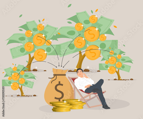 A man sits happily relaxing and has money flowing into his pocket from profits or passive income.Vector illustration.
