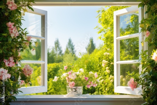 Sunny day, garden window open. photo