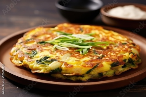 Asian-style pancake or pizza known as pajeon or Korean.