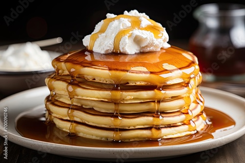 Pancakes stacked and topped with cream and syrup.