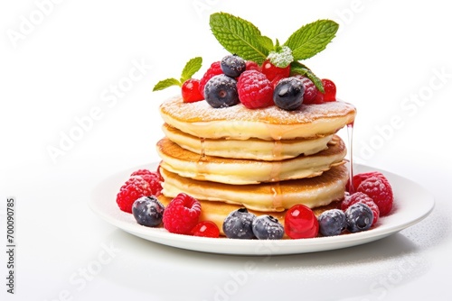 Berries atop pancakes against white backdrop.