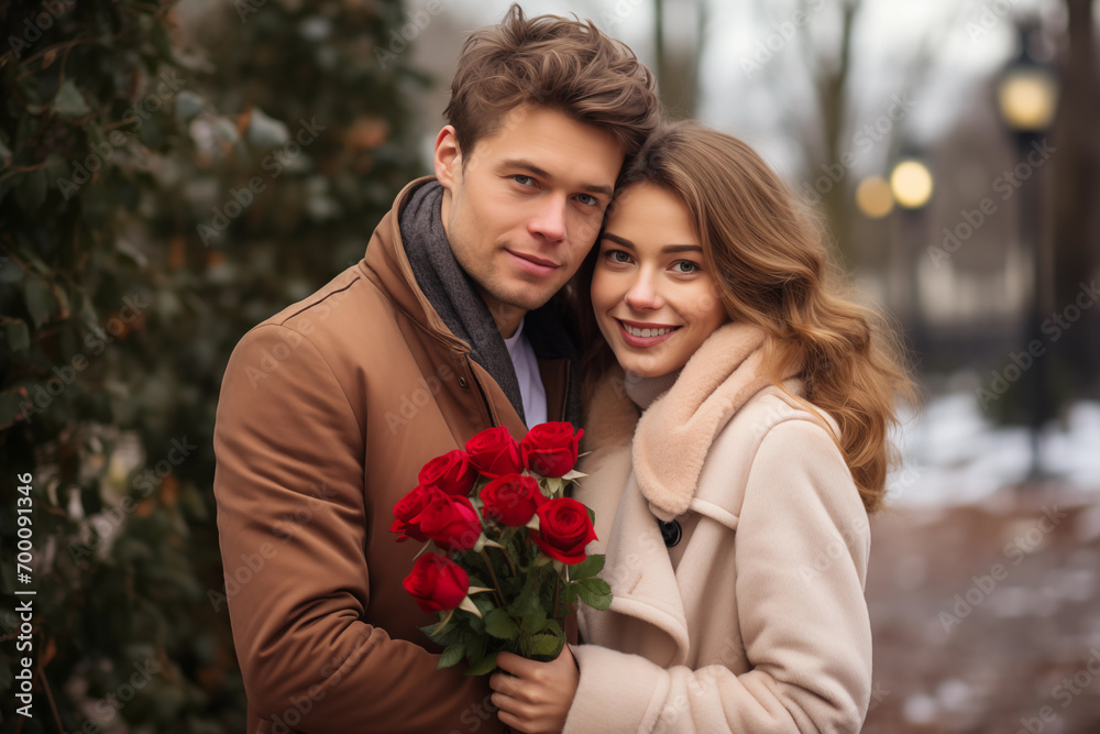 Guy giving bouquet of flowers flowers to his girlfriend. Romantic, anniversary or Valentine's Day Guy giving bouquet of flowers flowers to his girlfriend. Romantic, anniversary or Valentine's Day
