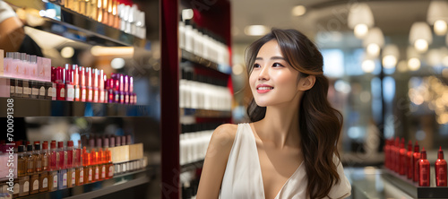 Young Asian woman shopping cosmetics or skincare in the store. Personal care and beauty concept