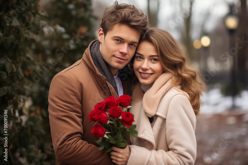 Guy giving bouquet of flowers flowers to his girlfriend. Romantic, anniversary or Valentine's Day