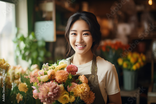 Portrait of Asian florist woman holding beautiful bouquet. Business entrepreneur, flower shop