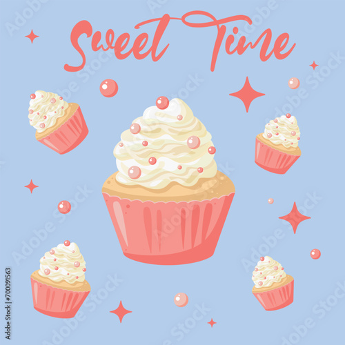 Square postcard with pink cupcakes and floating sprinkles and stars. Muffin with white whipped cream and pink wrapping. Banner for backery  sweet shop