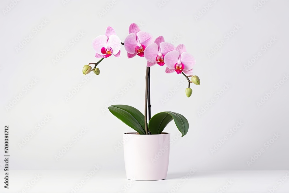 Pink orchid in white flowerpot, white background. Pink orchid in white flowerpot, white background.