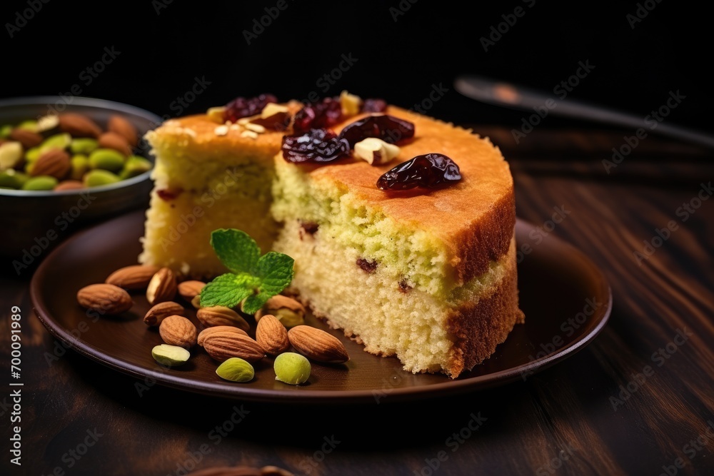 Mawa cake made with atta served on wood with nuts Homemade round sponge cake cut in half with almond cashew blackberry and pistachio toppings Mawa cake made with atta served on wood with nuts Homemade round sponge cake cut in half with almond cashew blackberry and pistachio toppings