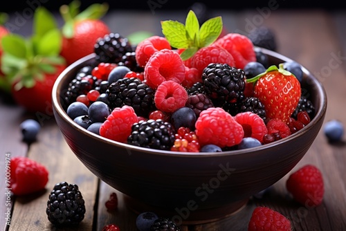 Photo of a bowl of fresh mixed berries for breakfast. Generative AI