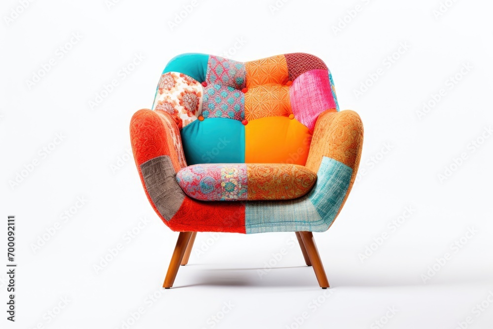 Modern designer armchair in a patchwork style isolated on a white background belonging to a series of furniture - obrazy, fototapety, plakaty 