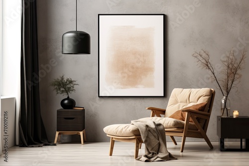 Modern home decor with a chic Scandinavian living room featuring a design armchair black mock up poster frame commode wooden stool lamp decoration loft wall an