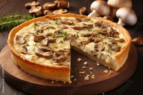 Morel mushroom quiche with mozzarella on a wooden board