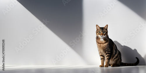 A dashing cat is sitting in a white room looking straight ahead. Generative Ai 