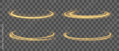 Golden swirl line light effect gold glowing circle. Yellow light effect curved bright line. Set of abstract curved half lights. 