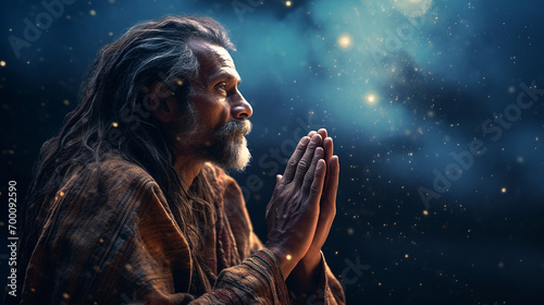 Older man of ancestral culture praying to the stars photo