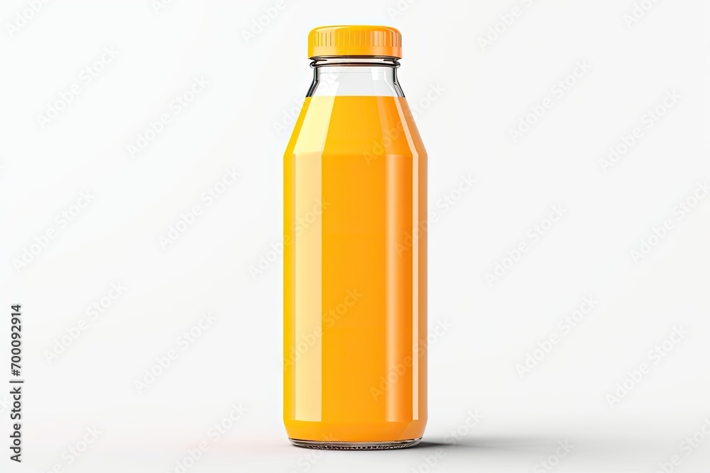 Orange juice bottle seen from the front on a white background