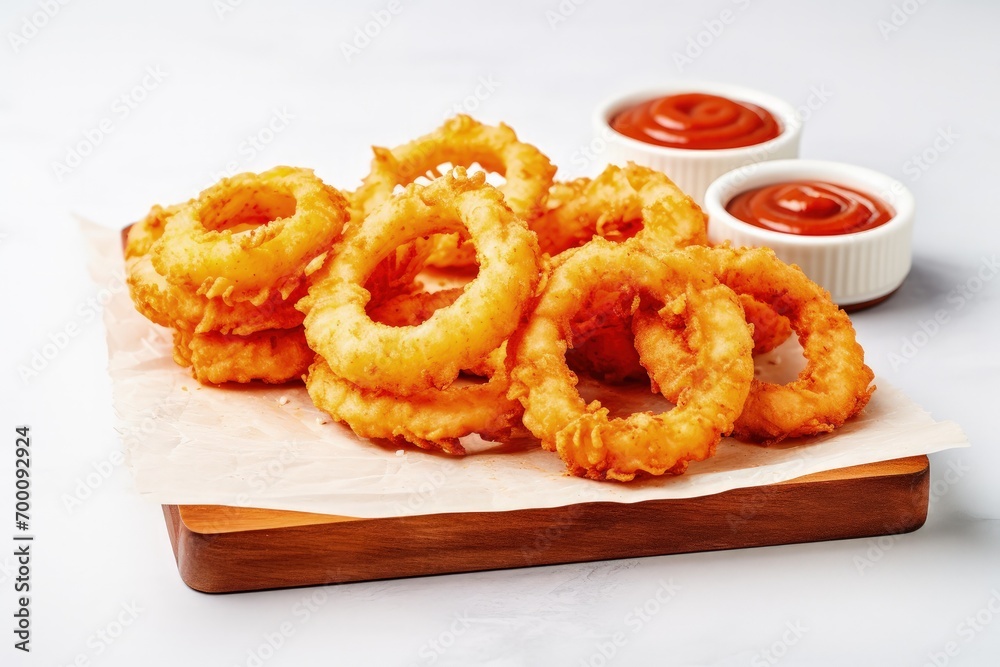 Onion rings fried with ketchup on cutting board Onion rings fried with ketchup on cutting board