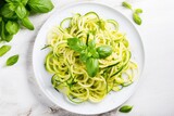 Overhead view of zucchini noodles pasta