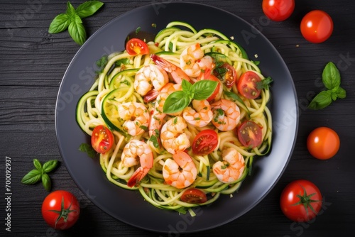 Overhead view of a plate with zucchini pasta shrimp and tomato macro view