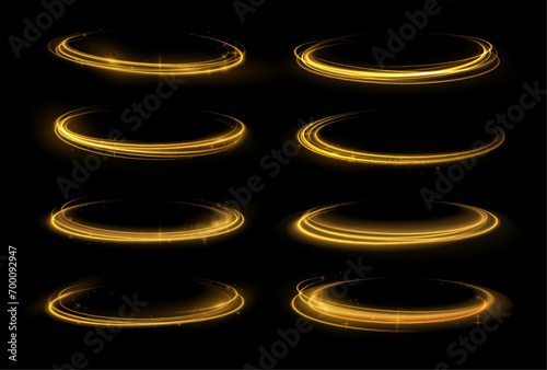 Golden swirl line light effect gold glowing circle. Yellow light effect curved bright line. Set of abstract curved half lights. 