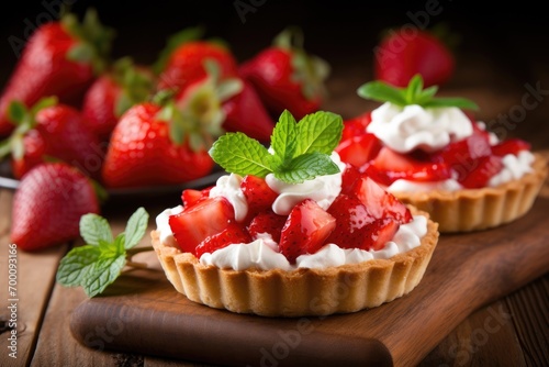Perfect individual fresh fruit desserts strawberry shortcake pies on a rustic table