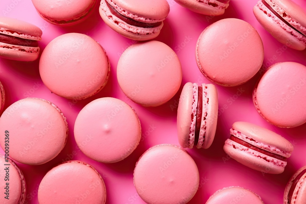 Obraz premium Pink macaroons on a pink background Sweet backdrop from above with room to edit