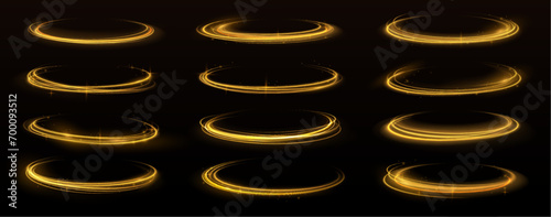 Golden swirl line light effect gold glowing circle. Yellow light effect curved bright line. Set of abstract curved half lights. 