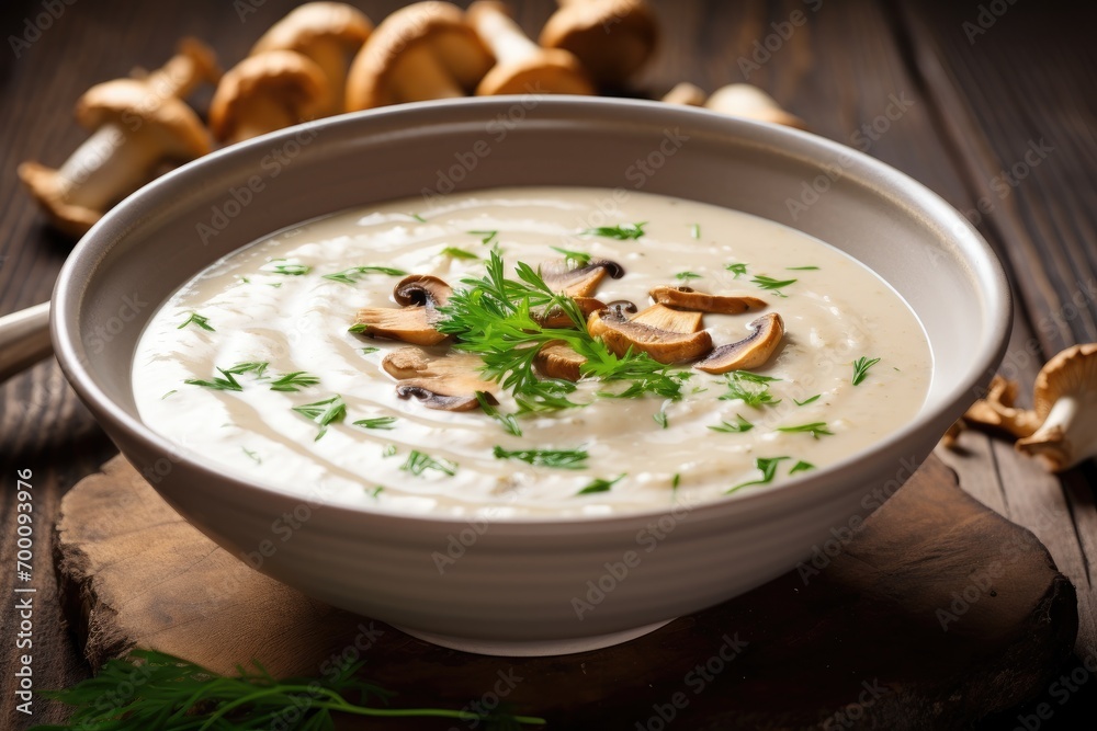 Selective focus on rustic white wooden background mushroom cream soup with chanterelles and herbs Selective focus on rustic white wooden background mushroom cream soup with chanterelles and herbs
