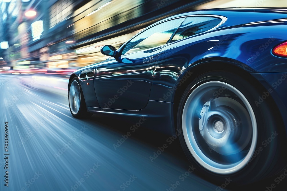 High-speed blue business car in motion