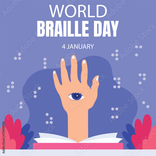 illustration vector graphic of hands emerge from inside the book, revealing human eyes, perfect for international day, world braille day, celebrate, greeting card, etc.