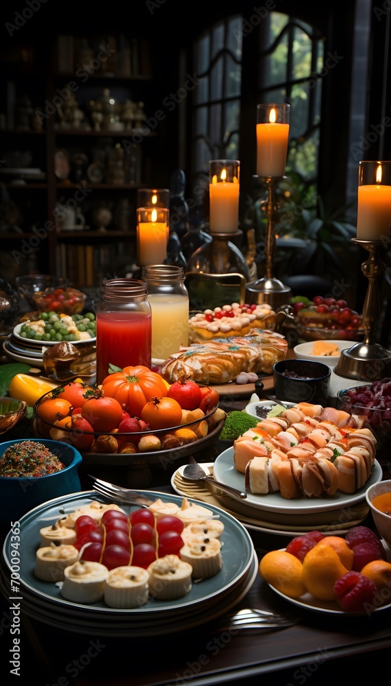 Dessert table with assorted fruits and vegetables. Selective focus.