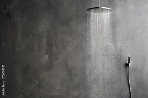 Showerhead against gray microcement wall Space for text photo