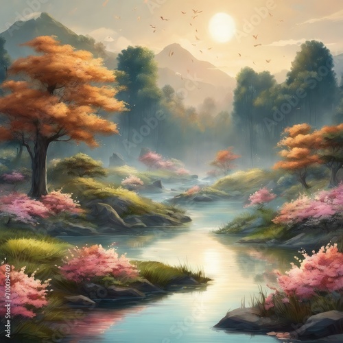 Serene sakura landscape at sunrise